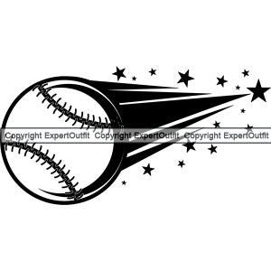 May include: A black and white baseball graphic with a baseball and a trail of speed lines and stars. The baseball has visible stitching. The graphic is suitable for sports-themed designs and products.