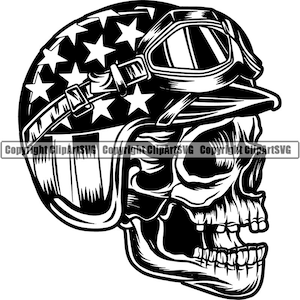 May include: Black and white illustration of a skull wearing a motorcycle helmet with an American flag design. The skull is facing to the right and has a toothy grin.
