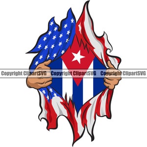 May include: A torn American flag reveals a Cuban flag underneath. The Cuban flag has a white star on a blue triangle with red and white stripes.