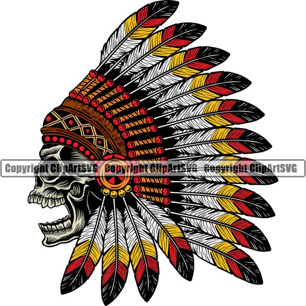 Native American Indian Skull Headdress Warrior Chief Hunt Fight War Tribe Tribal Portrait Art Logo SVG PNG Clipart Vector Cricut Cut Cutting