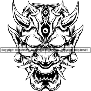 May include: Black and white illustration of a Japanese oni mask with three eyes and sharp teeth.