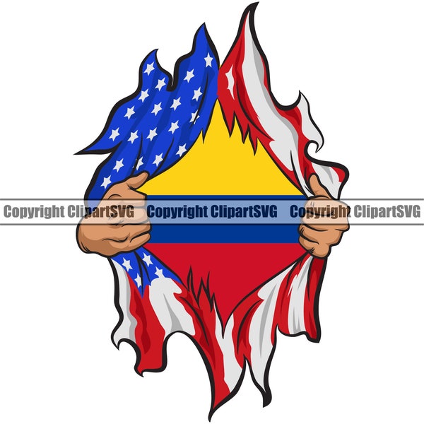 Colombia Colombian Superhero Hands Rip Ripping USA Flag Shirt Country Nation Sign Art Design Element Logo SVG PNG Clipart Vector Cricut Cut