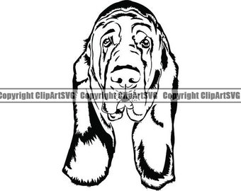 May include: Black and white line art illustration of a Bloodhound dog's head with floppy ears.