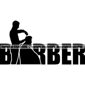 May include: Black and white silhouette of a barber cutting a customer's hair with the word "BARBER" in large bold letters.