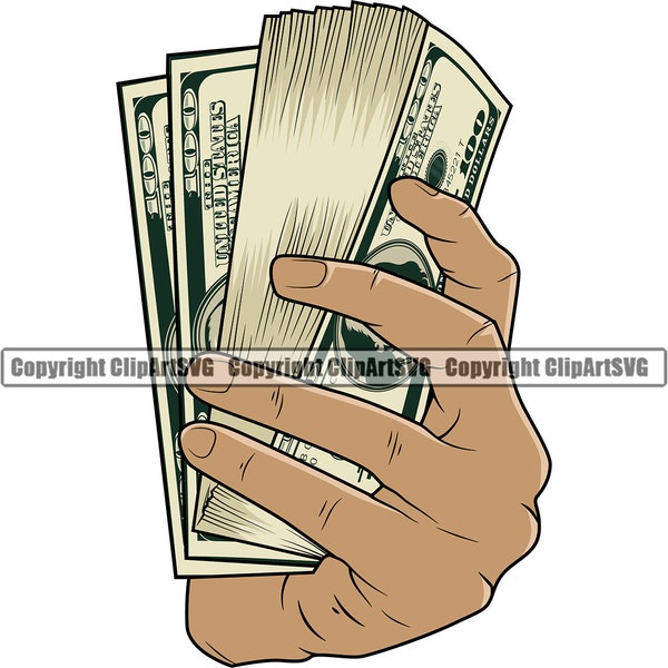 Male Hand Holding Money Knot Stack 100 Hundred Dollar Bill Cash Rich Gangster Crime Hustle Hustler Art Ad Design Logo SVG Clipart Vector Cut