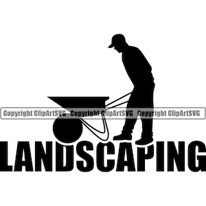 Landscaping Landscape Landscaper Wheelbarrow Sun Dirt Soil Plant Grow Green Grass Flower Pot Yard Tool Logo PNG SVG Vector Clipart Cut File