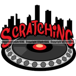 DJ Disc Jockey City Scratching Audio Musik Plattenspieler Plattenspieler Mixer Album Vinyl Club Sound Art Design Logo SVG PNG Vektor Clipart Cut