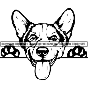 May include: Black and white illustration of a dog peeking over a surface with its tongue sticking out. The dog has a paw print on either side of its head.