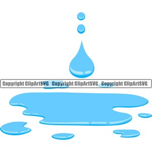 May include: A blue water drop falls onto a puddle of water. The puddle is spread out on a white background. There are smaller blue water drops around the puddle.