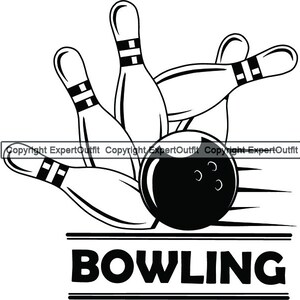 May include: Black and white illustration of bowling pins and a bowling ball with the word "BOWLING" in bold letters below.