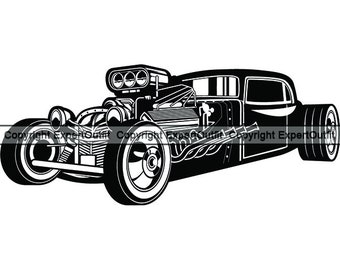 May include: Black and white illustration of a hot rod car with a large engine and flames coming out of the exhaust pipes.