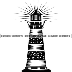 May include: Black and white illustration of a lighthouse with a beam of light shining from the top. The lighthouse has a striped tower and a small building at the top.