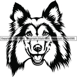 May include: Black and white silhouette of a Collie dog's head with a happy expression.