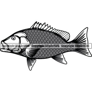 May include: Black and white line art illustration of a fish with scales. The fish is facing to the left and has a large mouth.