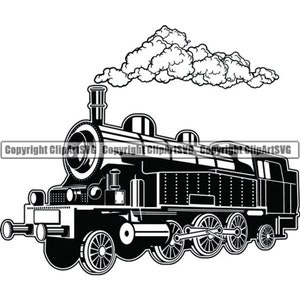 Puede incluir: Una ilustración en blanco y negro de un tren de vapor vintage con una nube de humo saliendo de la chimenea. El tren tiene una caldera grande y redonda y una cabina larga y estrecha. Las ruedas están detalladas con radios y el tren tiene un gran faro redondo.