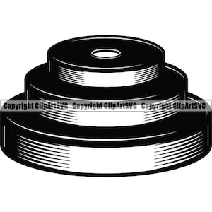 May include: Black and white illustration of a weight plate stack. The stack is made up of three weight plates, each with a textured surface. The plates are stacked on top of each other, with the largest plate at the bottom.
