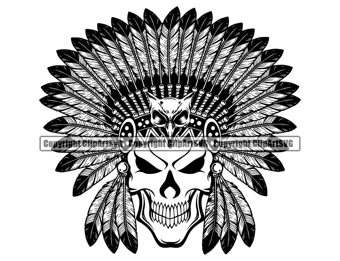 Indian Skull 2 Native American Warrior Headdress Feather Tribe Chief ...