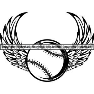 Puede incluir: Ilustración en blanco y negro de una pelota de béisbol con alas. La pelota de béisbol tiene costuras y está centrada en la imagen. Las alas están extendidas a ambos lados de la pelota de béisbol.