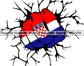 May include: A red, white, and blue fist breaking through a black cracked wall. The fist is painted with the Croatian flag, featuring a checkered shield with a crown.