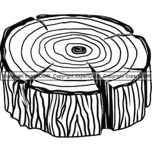 May include: Black and white illustration of a tree stump with visible rings. The stump is cut in a circular shape and has a rough texture.