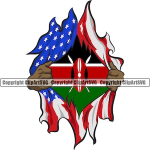 May include: A graphic illustration of a person ripping open a red, white, and blue American flag to reveal the Kenyan flag underneath. The Kenyan flag is black, red, and green with a white shield and two spears in the center.