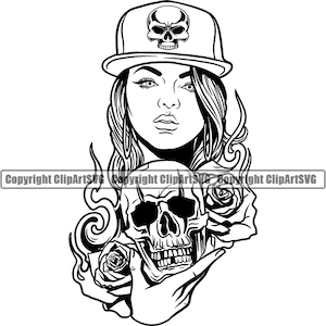 Gangster Girl Sexy Clown Skull Rose Frau weibliches Gesicht Kopf Hut Mütze Biker Gang Tattoo Art Design Logo SVG PNG Clipart Vektor Schnitt Schneidedatei
