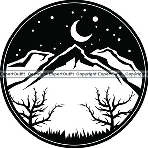 May include: Black and white illustration of a mountain range with a crescent moon and stars in the night sky. Two bare trees are in the foreground.