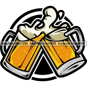 Puede incluir: Dos jarras de cerveza de vidrio con asas, llenas de cerveza amarilla y espuma blanca, chocando en un brindis de celebración. Las jarras están sobre un círculo negro con un contorno blanco.