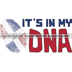 May include: A red, white, and blue fingerprint design with the text "IT'S IN MY DNA" in blue and red letters.