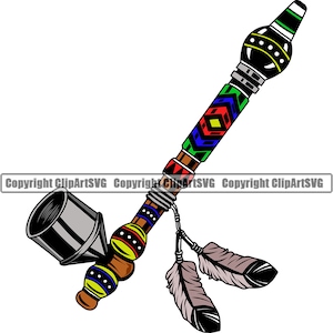 May include: A colorful Native American peace pipe with a wooden stem, a metal bowl, and two feathers hanging from the end. The pipe is decorated with geometric patterns in red, yellow, green, and blue.