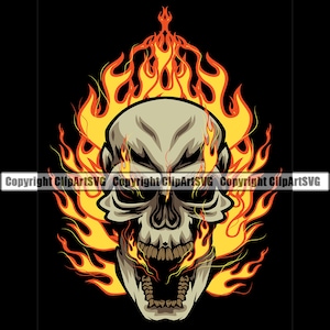 Crâne Squelette Tête Visage Feu Chaud Flammes Mal Tuer Tueur Tatouage Mort Silhouette Art Design Élément Logo SVG PNG Clipart Vecteur Coupe Fichier