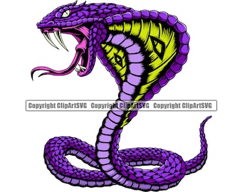 Könnte beinhalten: Eine violette und gelbe Kobra mit offenem Maul, sichtbaren Zähnen und einer erhobenen Haube. Die Kobra befindet sich in einer zusammengerollten Position mit eingerolltem Schwanz.