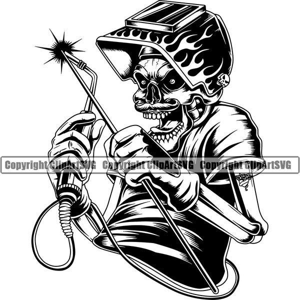 Welder Welding Skull Steel Metal Torch Fire Flames Safety Mask Mechanic Work Worker Build Fix Repair Company Logo SVG PNG Vector Cut Cutting