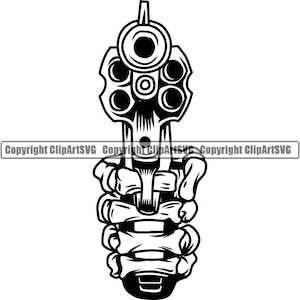 May include: Black and white illustration of a skeleton hand holding a revolver.