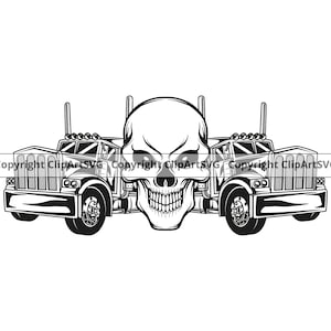Skull Skeleton Semi Tractor Trailer Trucking Truck Driver Trucker Big Rigg Cab Move Haul Ship Cargo Design Logo SVG PNG Clipart Vector Cut