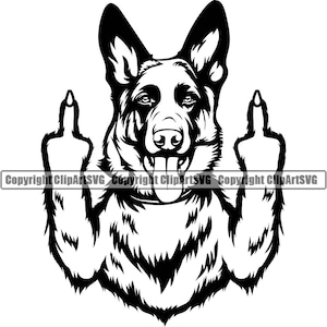 German Shepherd Dog Breed Giving Middle Finger Smiling Paw Puppy Pup Pet Clip Art K-9 Cop Police Logo SVG PNG Clipart Vector Cricut Cut File
