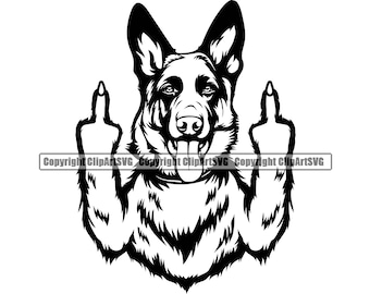 German Shepherd Dog Breed Giving Middle Finger Smiling Paw Puppy Pup Pet Clip Art K-9 Cop Police Logo SVG PNG Clipart Vector Cricut Cut File