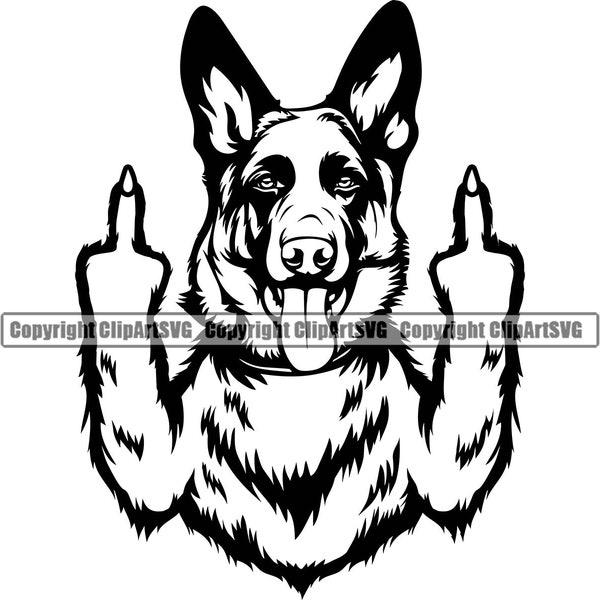 German Shepherd Dog Breed Giving Middle Finger Smiling Paw Puppy Pup Pet Clip Art K-9 Cop Police Logo SVG PNG Clipart Vector Cricut Cut File