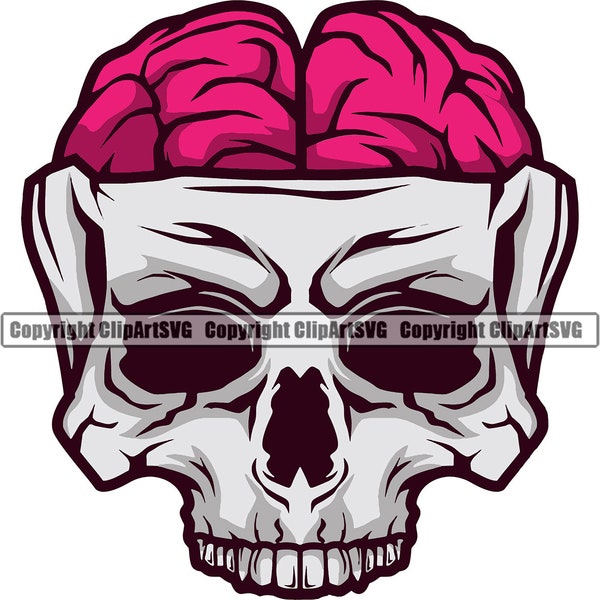 Zombie Skull Brain Skeleton Punk Rip Skin Open Flesh Undead Cartoon Death Kill Killer Ghost Tattoo Hell Art Logo SVG PNG Vector Clipart Cut