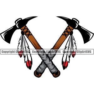 May include: Two crossed tomahawks with brown wooden handles and black blades. Each tomahawk has a white and red feather tied to the handle.