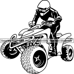 Könnte beinhalten: Schwarz-weiß-Linienzeichnung einer Person, die ein ATV fährt. Das ATV hat vier Räder und der Fahrer trägt einen Helm und eine Schutzbrille.