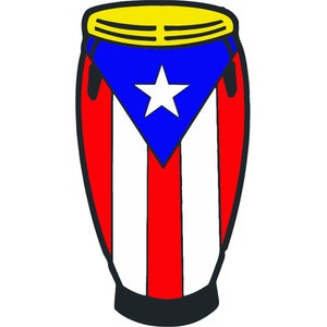 May include: A red, white, and blue conga drum with a yellow top and a white star on the blue section. The drum is decorated with the colors of the Puerto Rican flag.