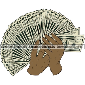 Mãos de homem negro seguram dinheiro 100 notas de cem dólares fã dinheiro rico gangster crime hustle hustler arte anúncio design logotipo svg png clipart corte vetorial