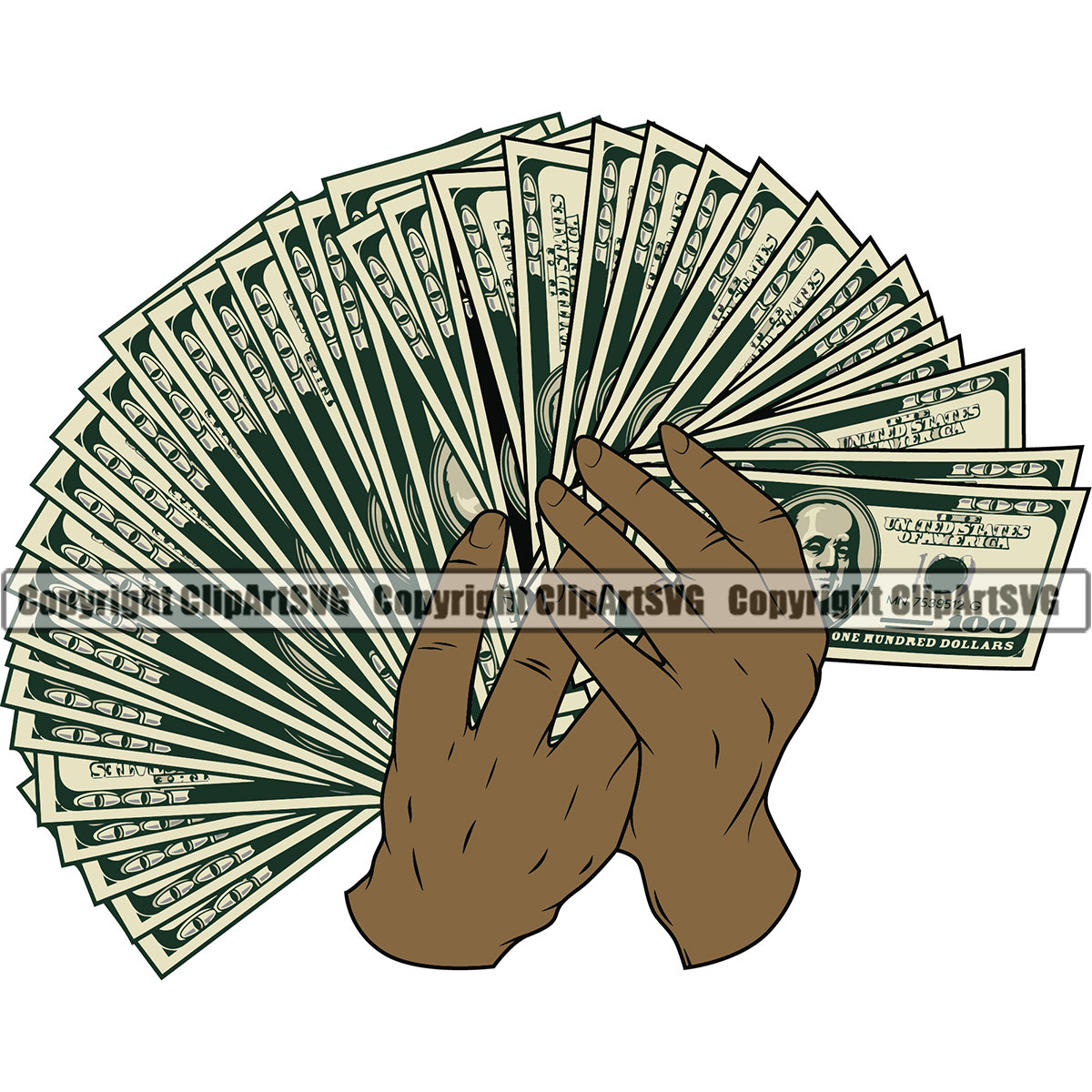 Black Male Hand Holding Money 100 Hundred Dollar Bill Fan Cash Rich Gangster Crime Hustle Hustler Art Design Logo SVG PNG Clipart Vector Cut
