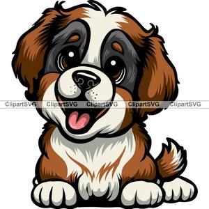 Bernhardiner Lächelnder Hund niedlicher Welpe Kopf Eckzahn Haustier Neufundland Berner Berg Heiliger Tibet Mastiff Pfote Art Logo Tattoo Design SVG PNG Cut