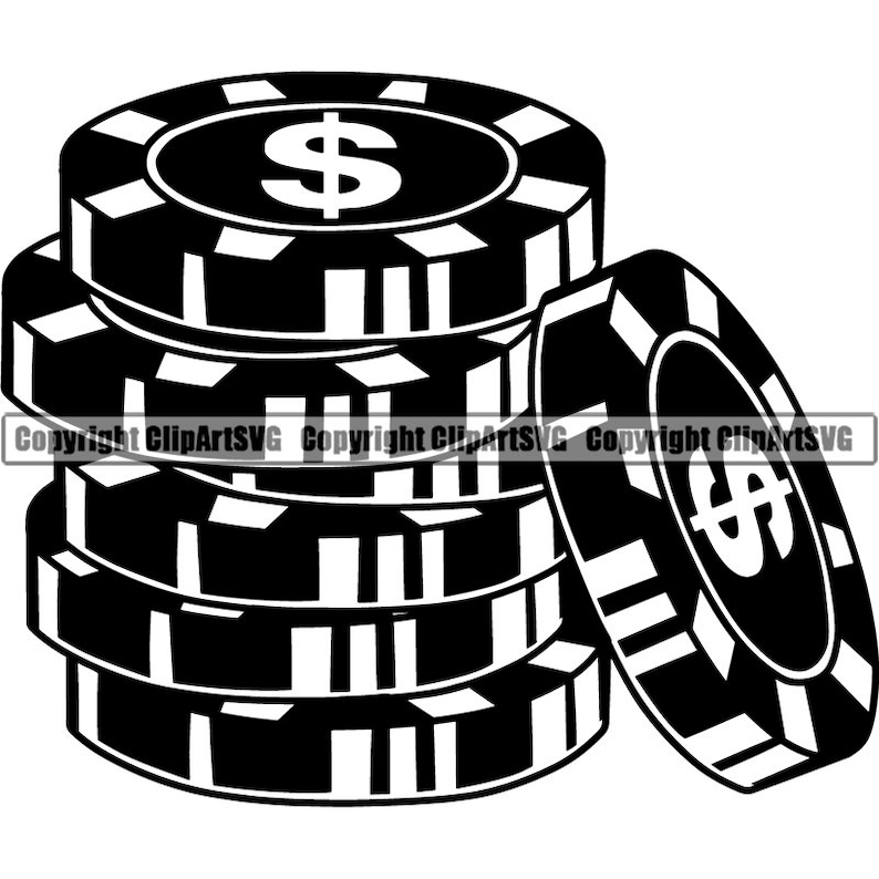 May include: Black and white illustration of poker chips stacked and leaning. Each chip has a dollar sign in the center. The chips are black with white accents and a white border.