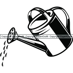 May include: Black and white illustration of a watering can with a spout pouring water. The watering can has a handle and a rounded body.