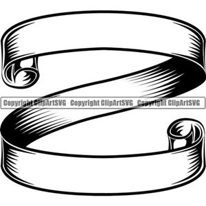 May include: Black and white banner illustration with a scroll design. The banner has a curved shape with detailed shading, and the ends are rolled up. The design is suitable for various graphic projects.