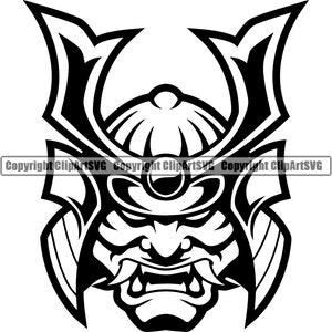 May include: Black and white illustration of a samurai warrior's helmet with a fierce expression. The helmet has a large, pointed crest and a detailed face mask.
