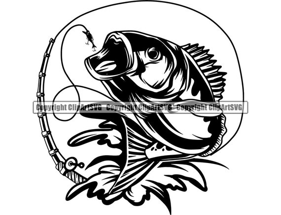 Bass Fishing Logo Fish Pole Fresh Salt Water Lake River Ocean Deep Sea  Trout Sport Game Rod Reel Boat .SVG .PNG Clipart Vector Cut Cutting 